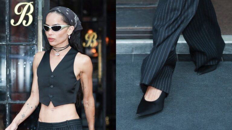 Zoë kravitz's satin black heels enhance her saint laurent suit