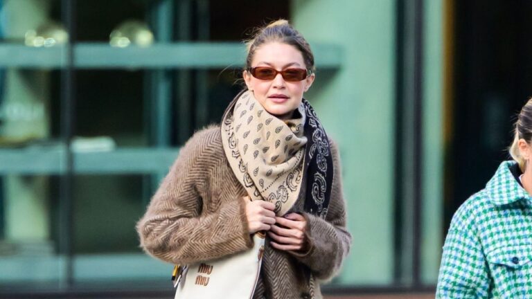 Gigi Hadid is showcasing a supermodel teddy bear style with monochromatic layers. Gigi Hadid is showcasing a supermodel teddy bear style with