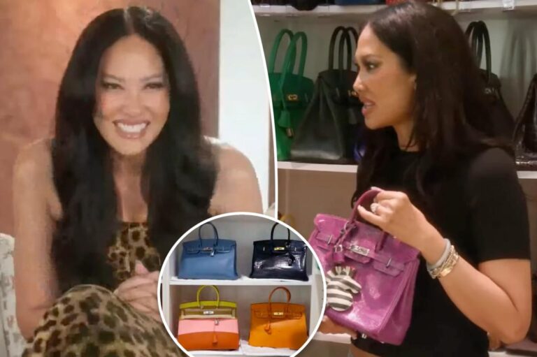 Kimora Lee Simmons displays her collection of designer bags featuring
